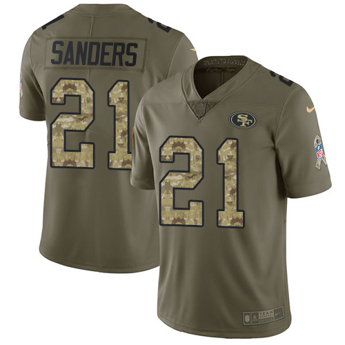 Nike 49ers #21 Deion Sanders Olive/Camo Men's Stitched NFL Limited Salute To Service Jersey - Click Image to Close